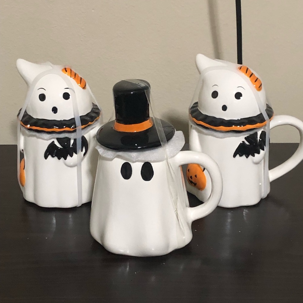 SET OF 3, Halloween Little Village by Transpac Brands Ghost Mugs. White